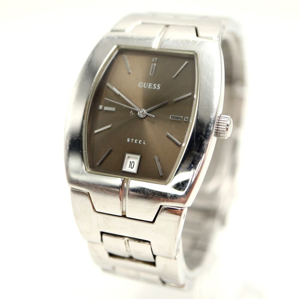 Guess Silver Tone 31mm Brown Barrell Dial Watch Stainless Steel w New Battery